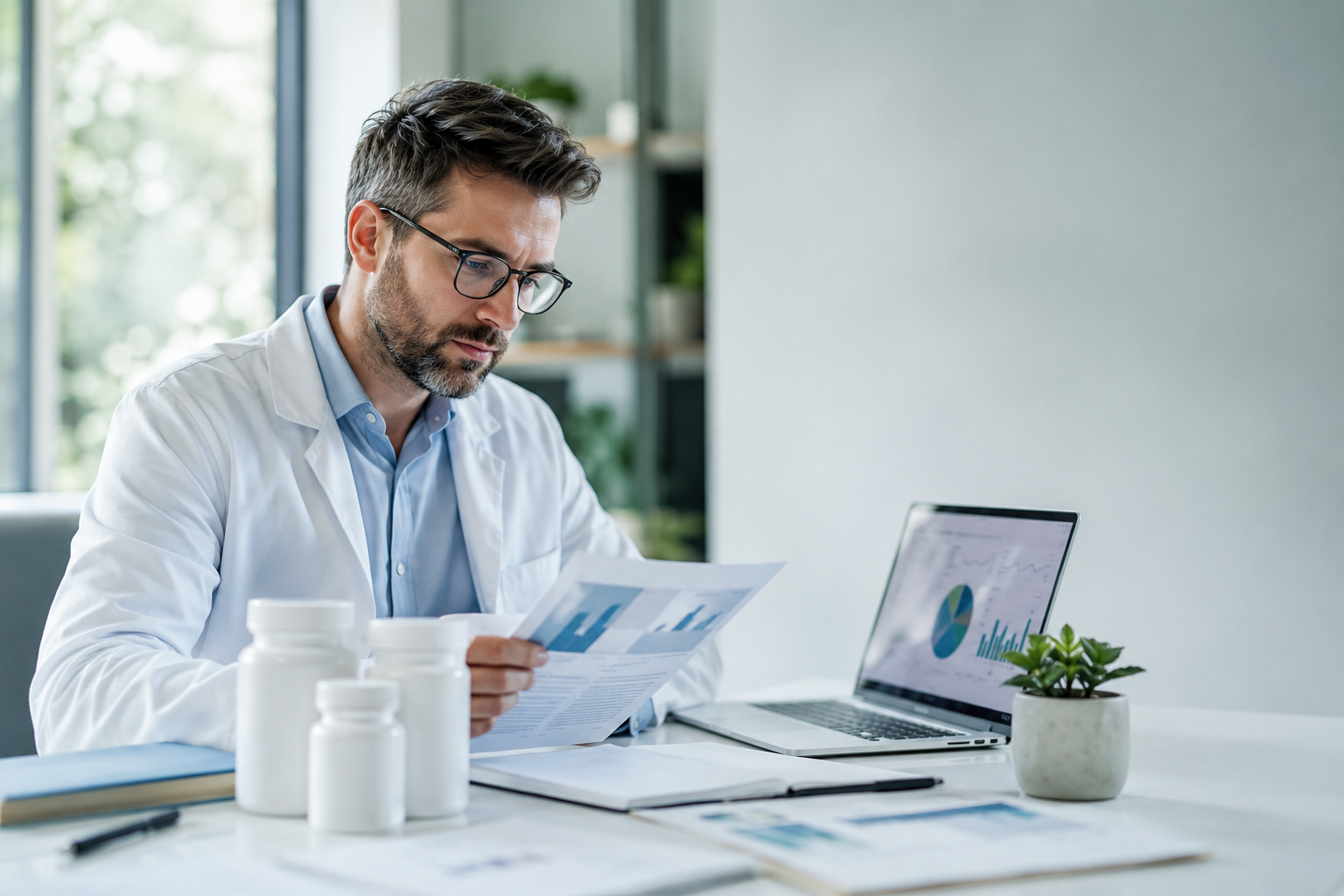 Editorial researcher reviewing scientific studies and health supplement information in a modern laboratory environment.