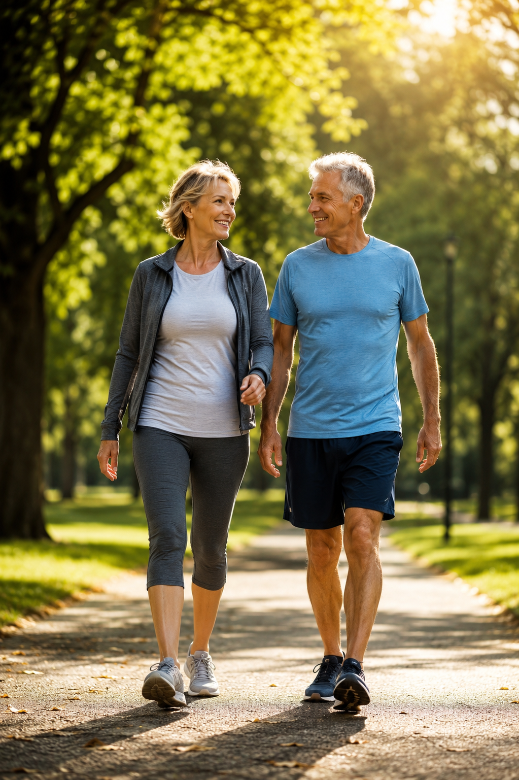 Active mature couple walking comfortably in a park, representing healthy joints, mobility and active aging.