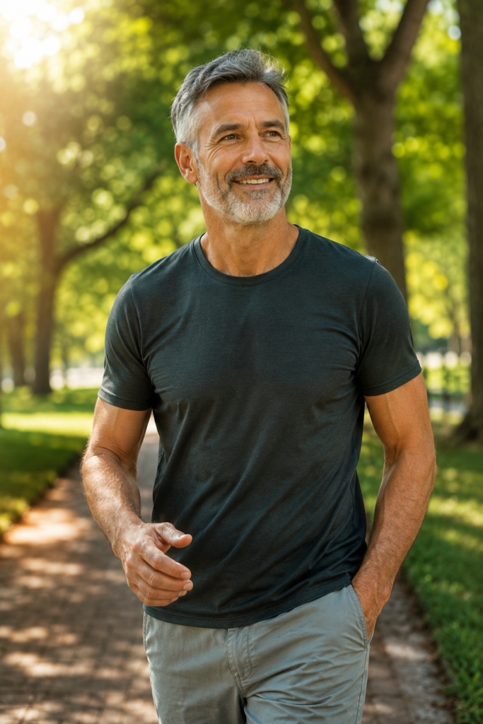 Healthy middle-aged man enjoying an active lifestyle outdoors, representing men's health, vitality and wellness.