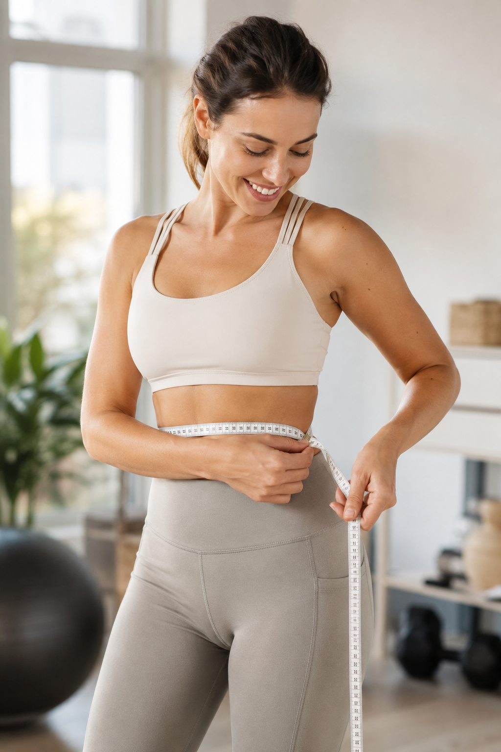 Healthy woman measuring her waist after exercise, representing sustainable weight loss and healthy metabolism.